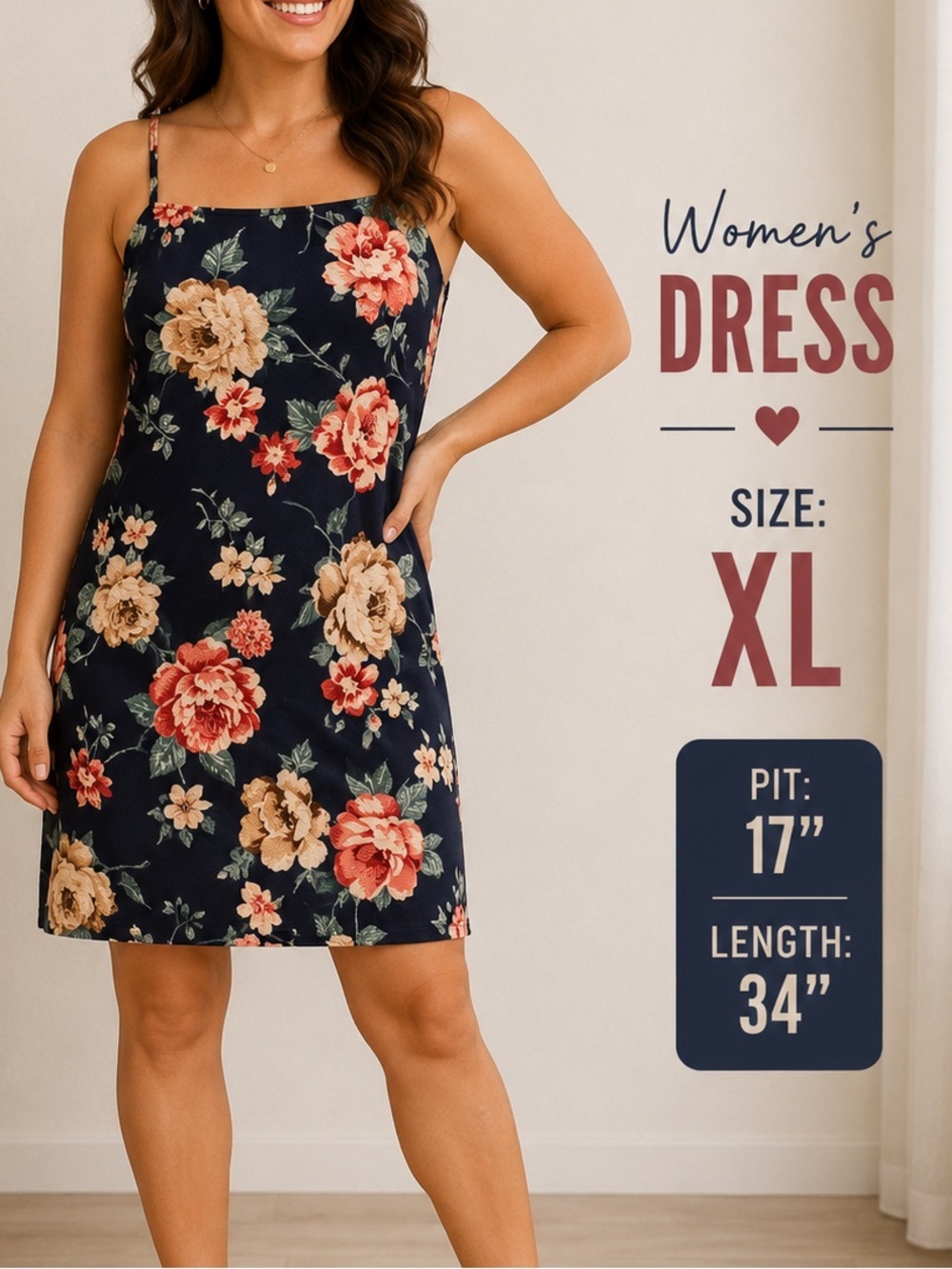 Floral Spaghetti-Strap Navy Bodycon Dress XL Pit 17”
Length 34”